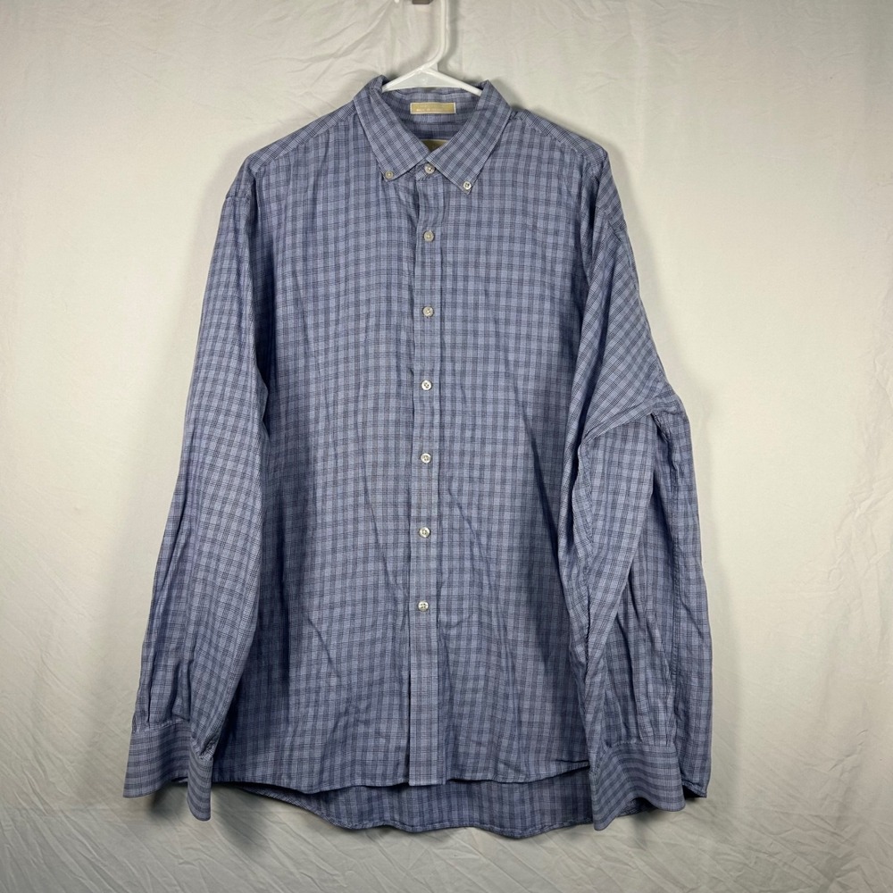 Michael Kors Button Down Men 17.5 36/37 Blue Plaid Grid Cotton Long Sleeve Shirt